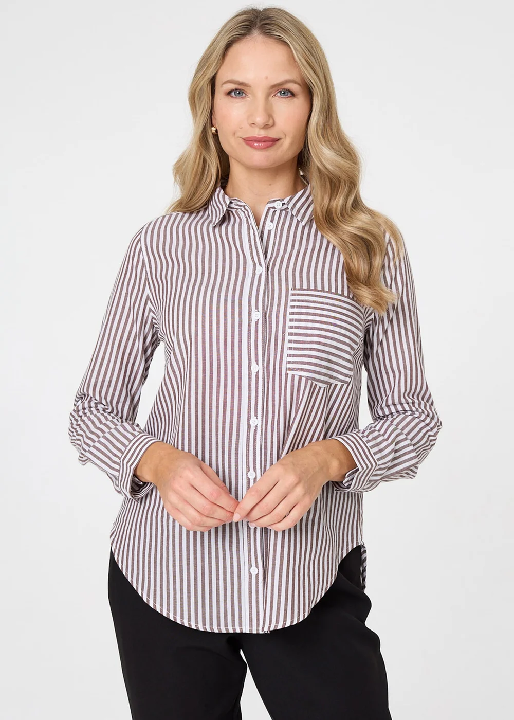 Izabel London Brown Striped Long Sleeve Shirt - 16 Image 1