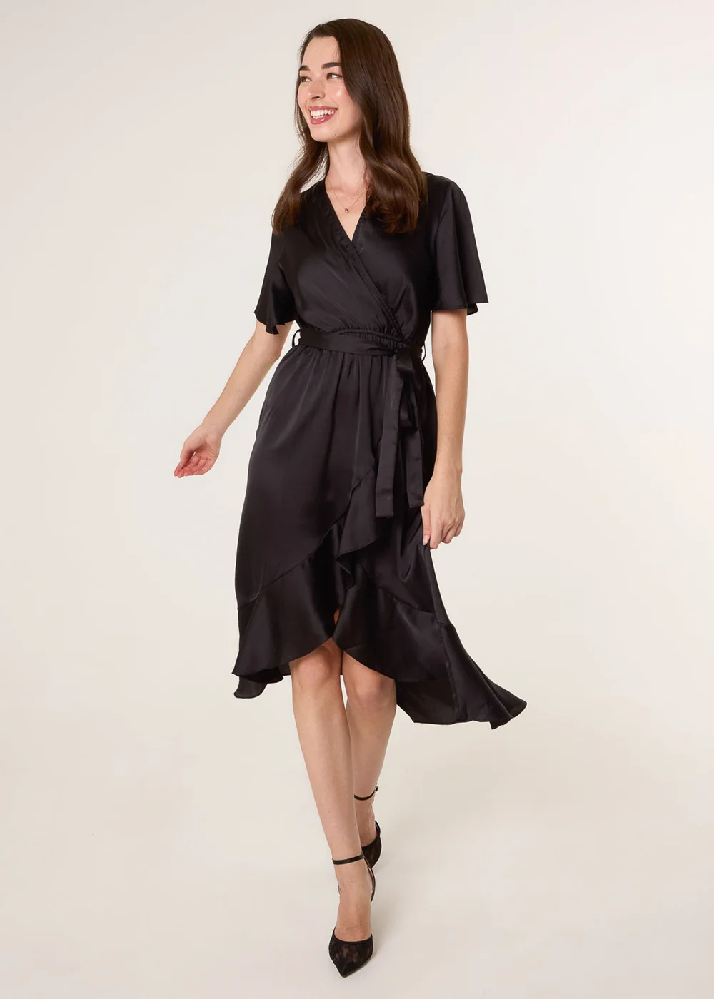 Blue Vanilla Black Satin Wrap Frill High To Low Midi Dress - 10 Image 1