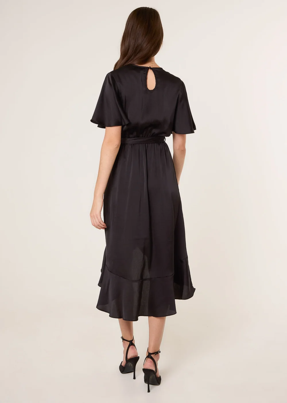 Blue Vanilla Black Satin Wrap Frill High To Low Midi Dress - 10 Image 4