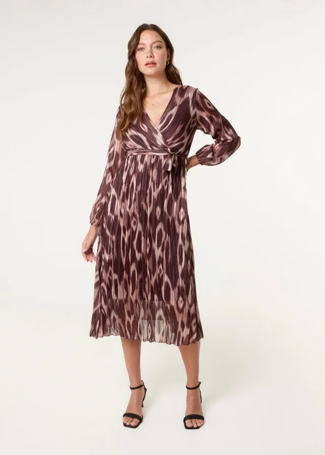 Blue Vanilla Brown Crossover Metallic Pleated Dress