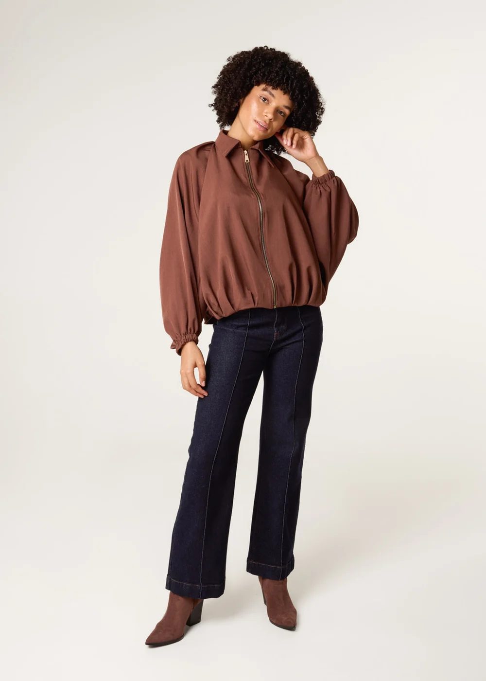 Blue Vanilla Brown Drape Puffball Zipper Jacket - One Size Image 2