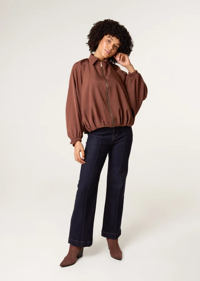 Blue Vanilla Brown Drape Puffball Zipper Jacket