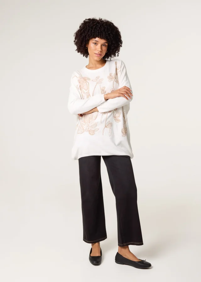 Blue Vanilla White Embroidered Round Neck Jumper