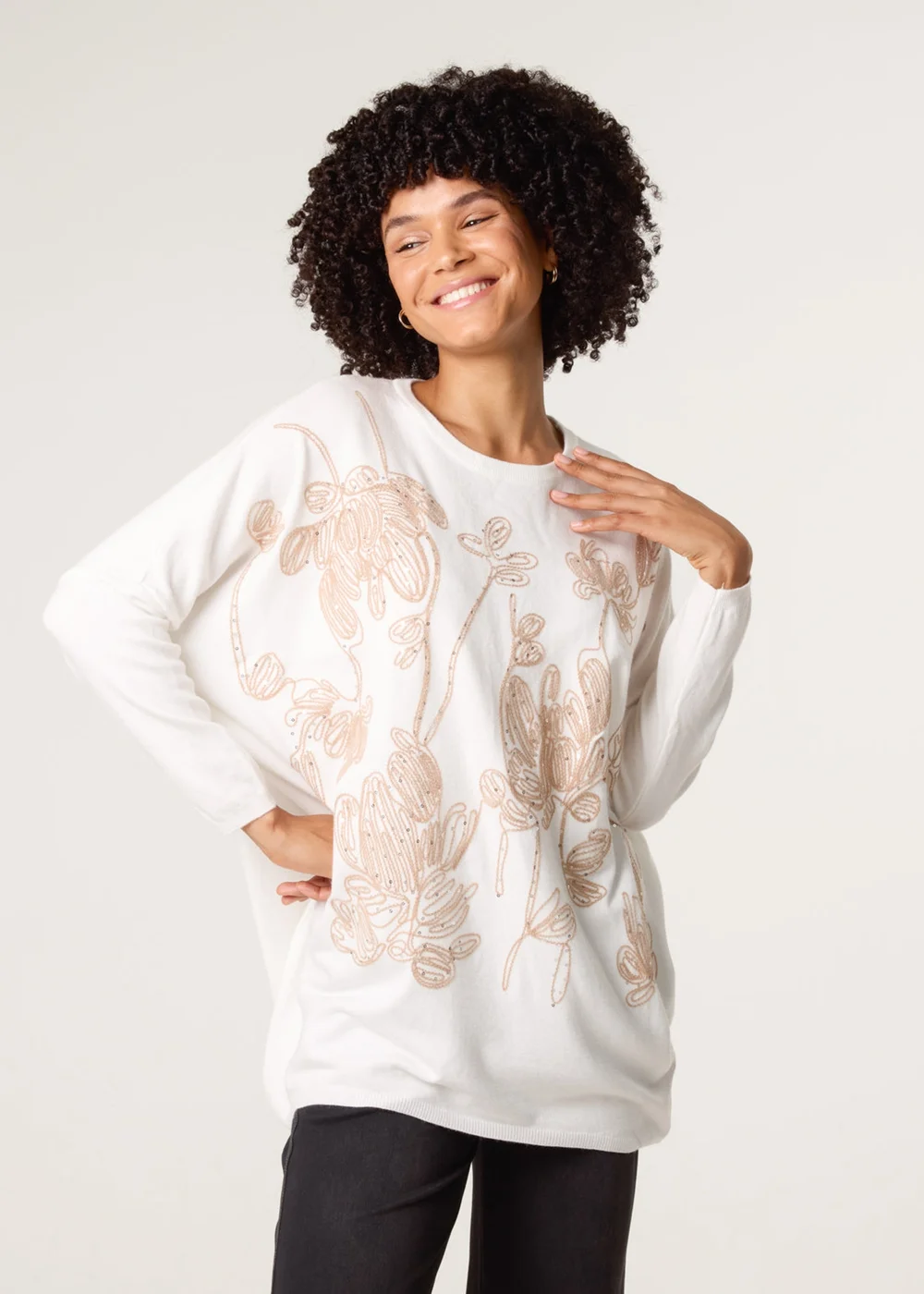 Blue Vanilla White Embroidered Round Neck Jumper - One Size Image 1