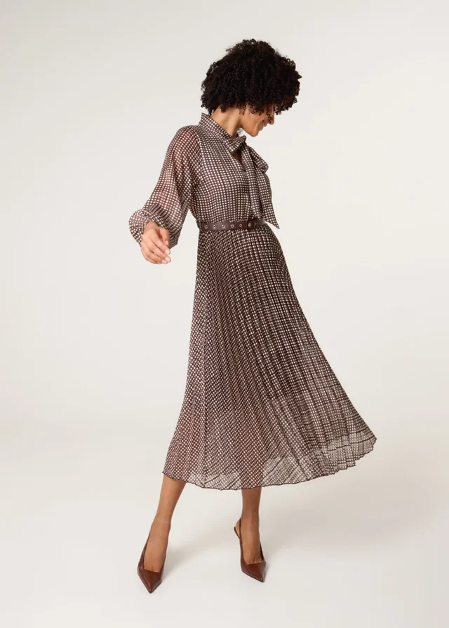 Blue Vanilla Brown Pussybow Pleated Dress