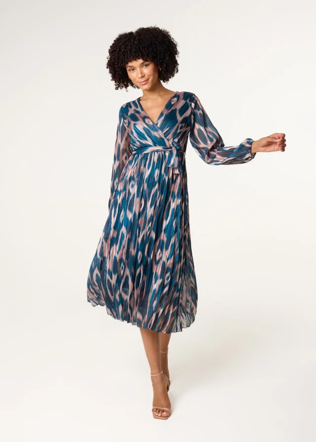 Blue Vanilla Turquoise Crossover Metallic Pleated Dress