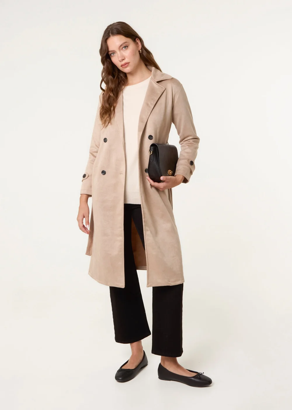 Blue Vanilla Camel Suede Button Trench Coat - S Image 1
