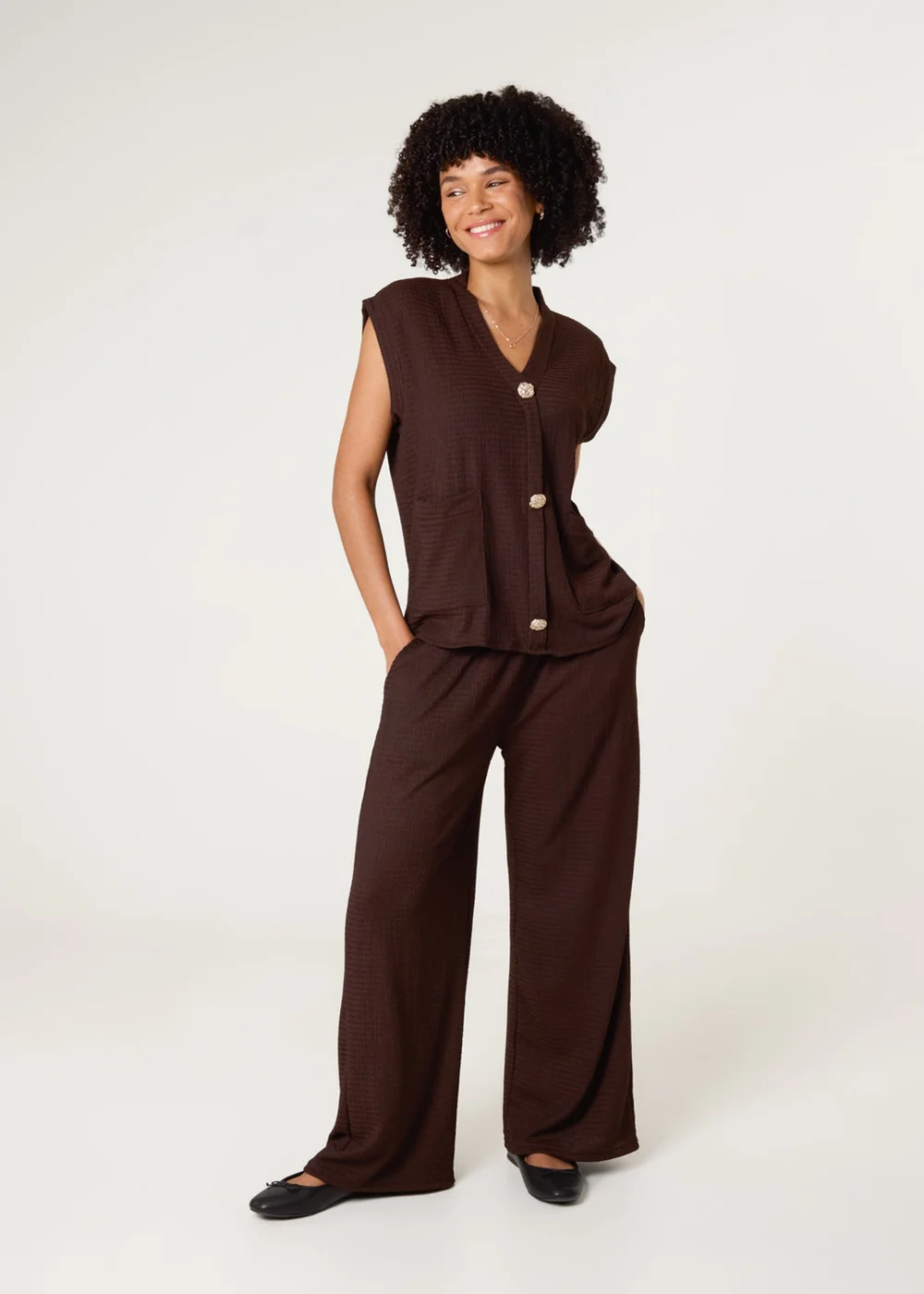 Blue Vanilla Brown Gold Button Co-ord Set - One Size Image 1