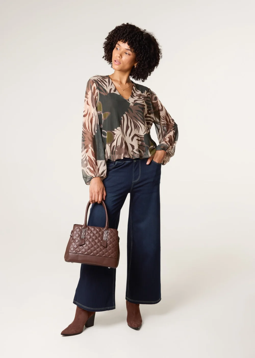 Blue Vanilla Khaki Printed Mesh V Neck Puffball Top - Small/Medium Image 1