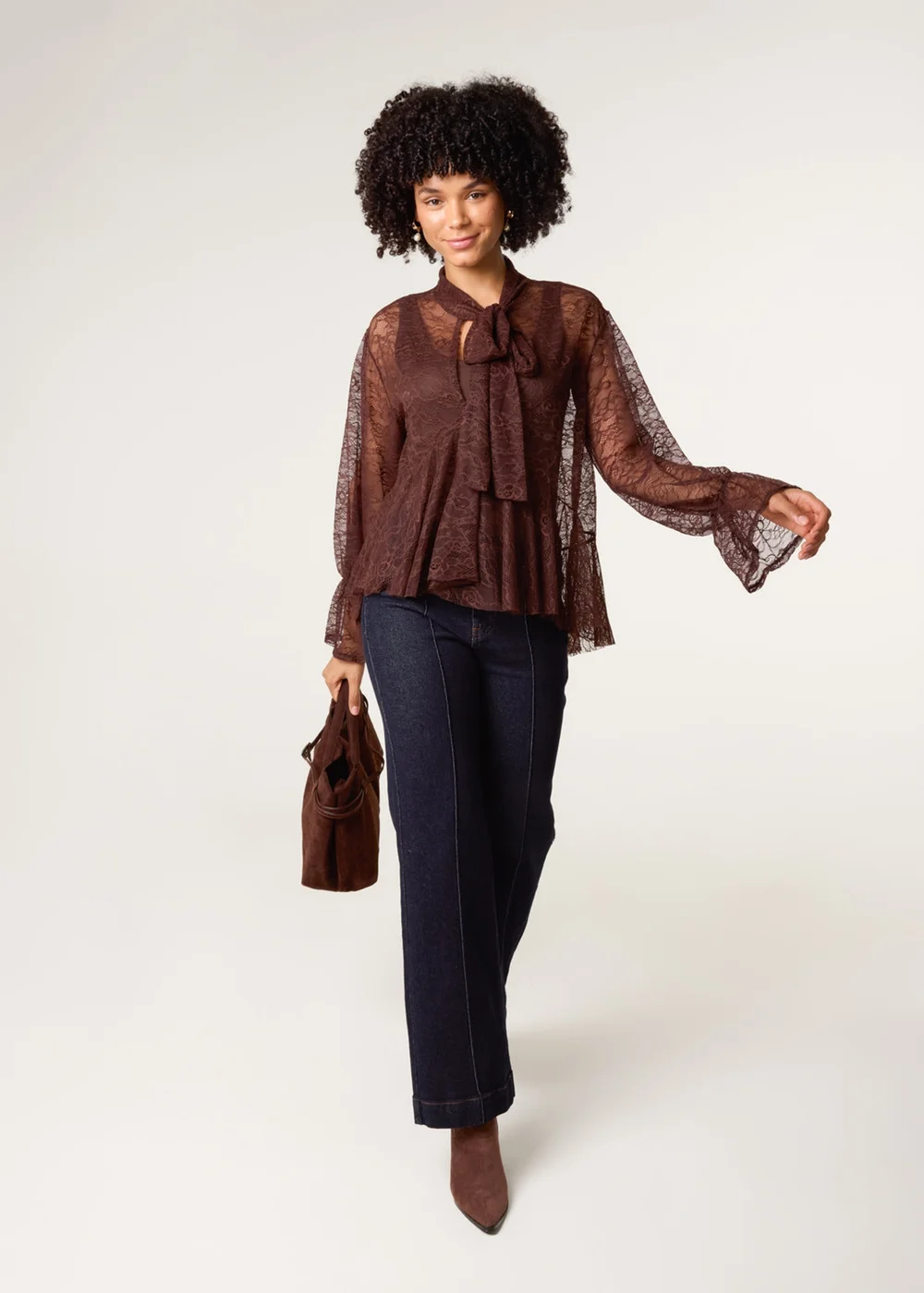 Blue Vanilla Brown Lace Pussybow Blouse - One Size Image 1