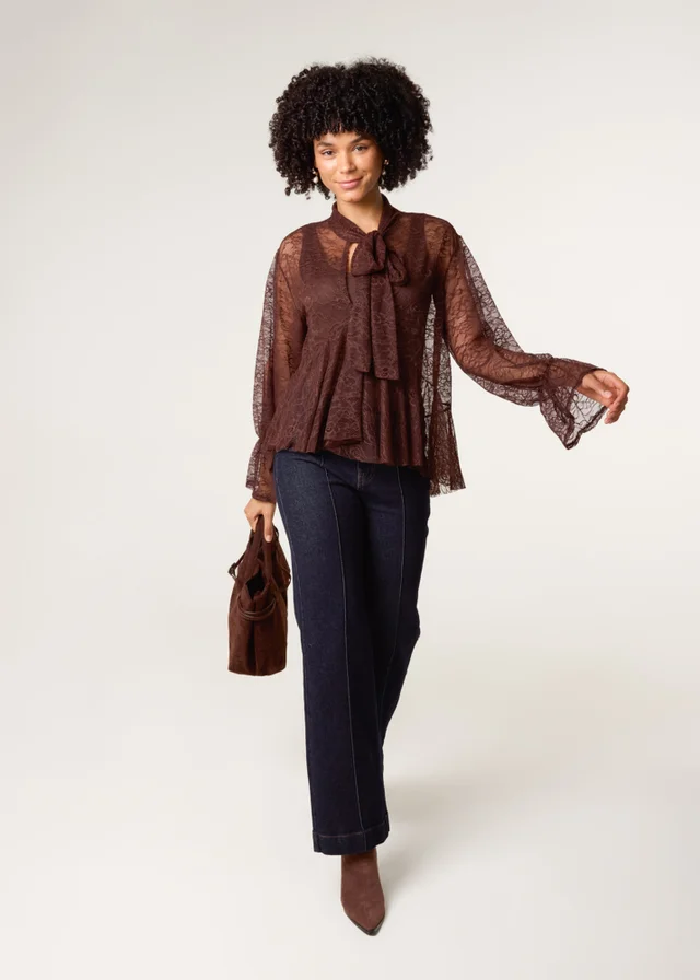 Blue Vanilla Brown Lace Pussybow Blouse