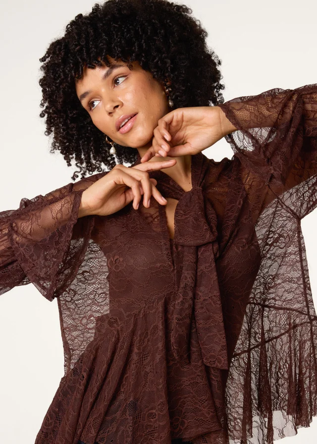 Blue Vanilla Brown Lace Pussybow Blouse