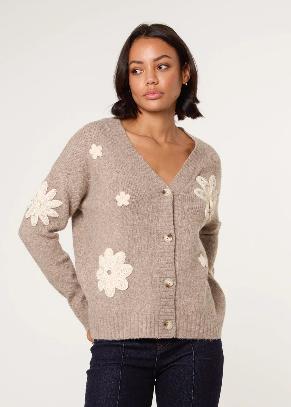 Blue Vanilla Beige Crochet Embellished Floral Cardigan - Small/Medium Image 2