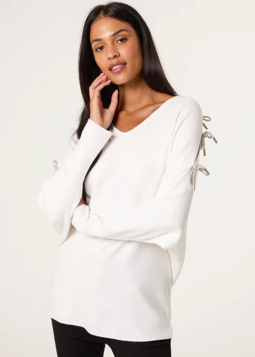 Blue Vanilla Ivory Diamante Bow Cut Out Sleeve Jumper - Small/Medium Image 2