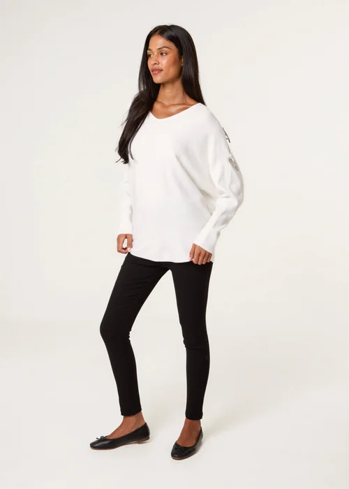 Blue Vanilla Ivory Diamante Bow Cut Out Sleeve Jumper - Small/Medium Image 3