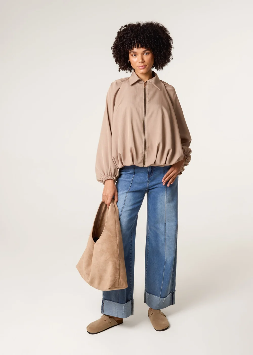 Blue Vanilla Beige Drape Puffball Zipper Jacket - One Size Image 1