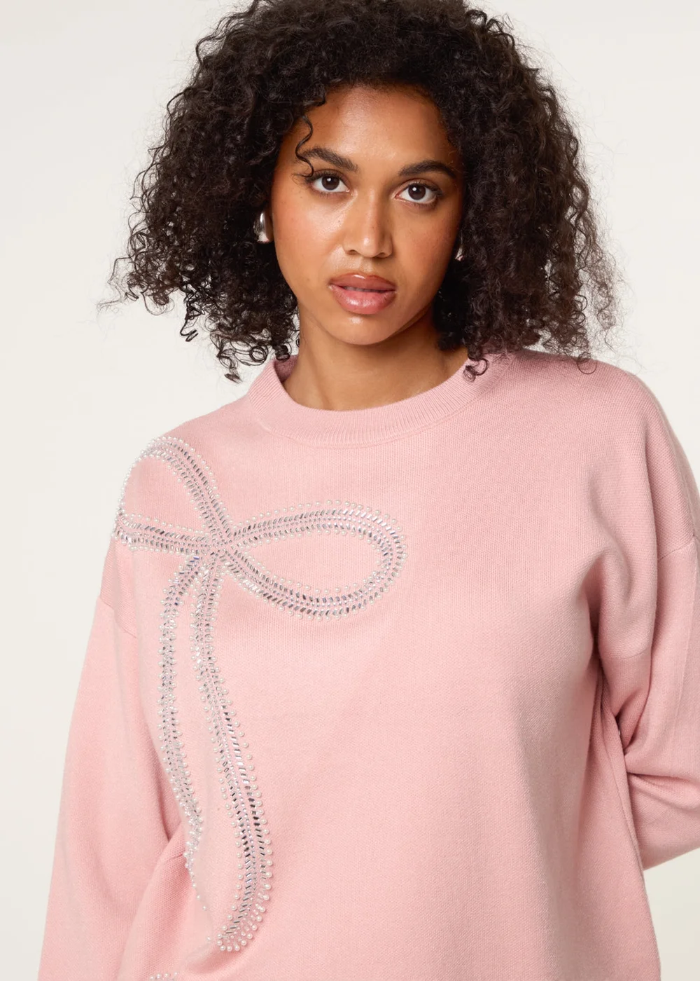 Blue Vanilla Pink Diamante And Pearl Bow Knit Jumper - S/M Image 3