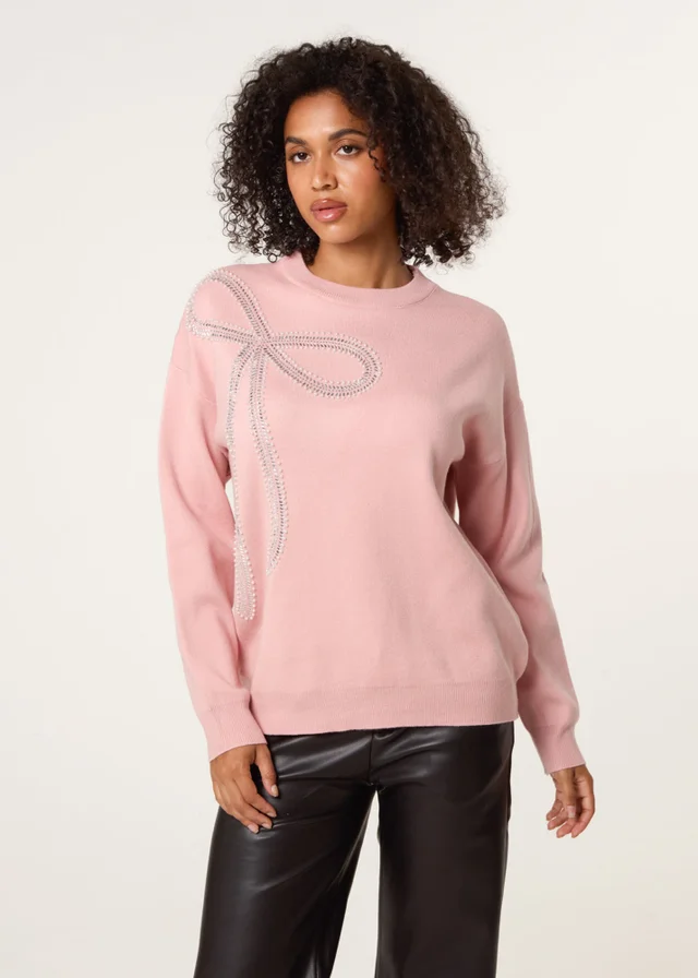 Blue Vanilla Pink Diamante And Pearl Bow Knit Jumper