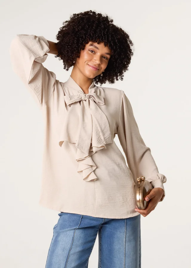 Blue Vanilla Beige Ruffle Pussy Bow Blouse