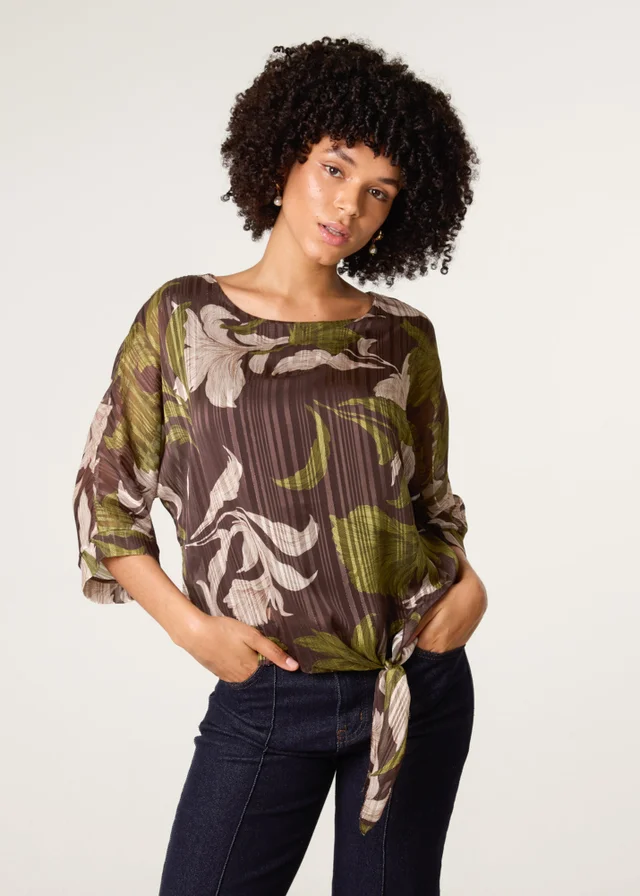 Blue Vanilla Brown Tie Knit Metallic Chiffon Top