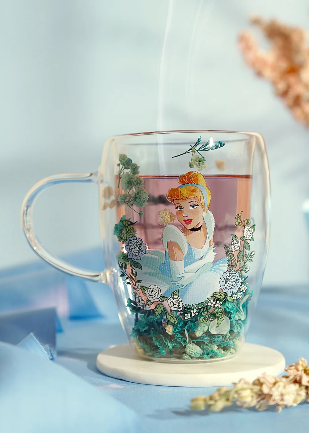 Disney Pastel Princess Floral Decorative Blue Glass Mug Cinderella - One Size Image 1