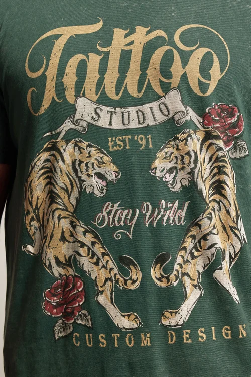 BadRhino Green Acid Wash Tattoo Tiger Graphic T-Shirt - 5/6 XL Image 4