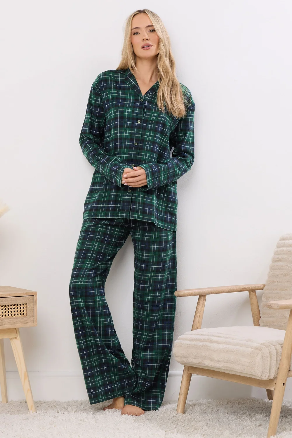 Long Tall Sally Navy Blue & Green Cotton Check Pyjama Set - Size 18-20 Image 2