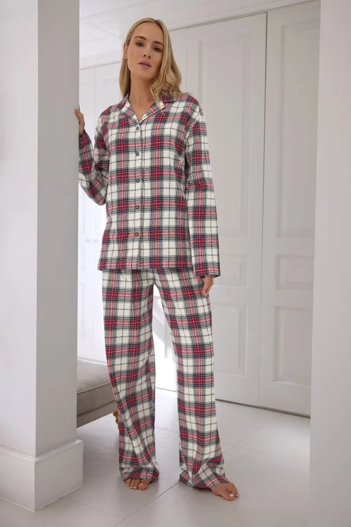 Long Tall Sally Ivory White & Red Cotton Check Pyjama Set - Size 18-20 Image 1