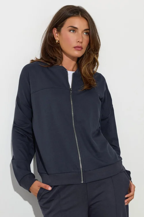 Long Tall Sally Navy Blue Jersey Bomber Jacket - Size 22-24 Image 3