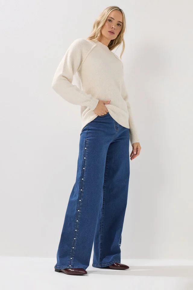 Long Tall Sally Dark Blue Pearl Detail Wide Leg Jeans