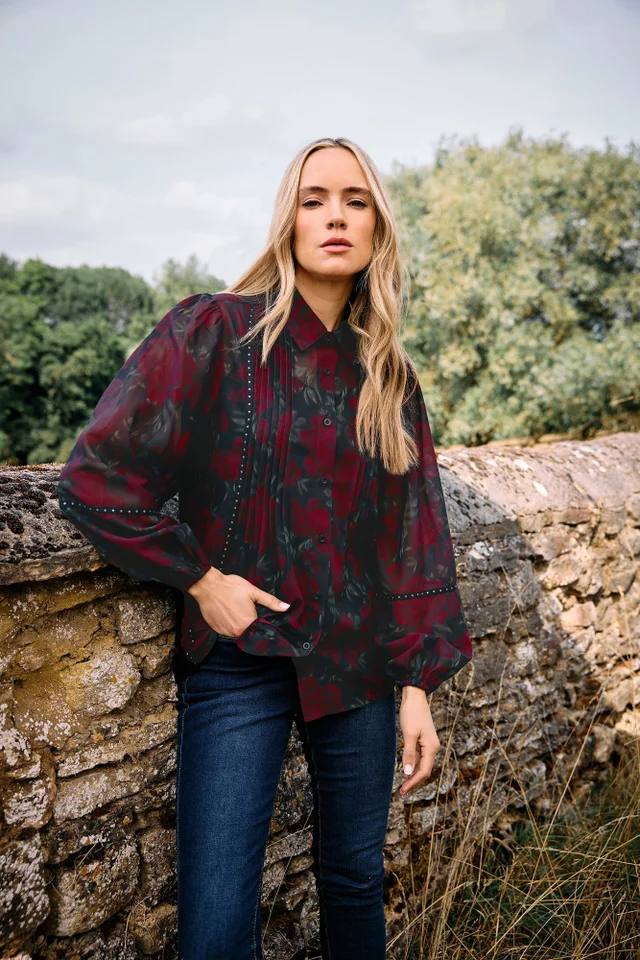 Long Tall Sally Red Rose Stud Trim Pintuck Shirt