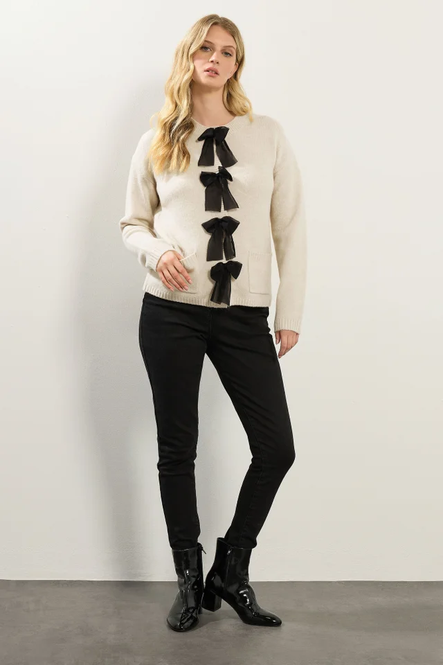 Long Tall Sally Cream Knitted Bow Front Cardigan