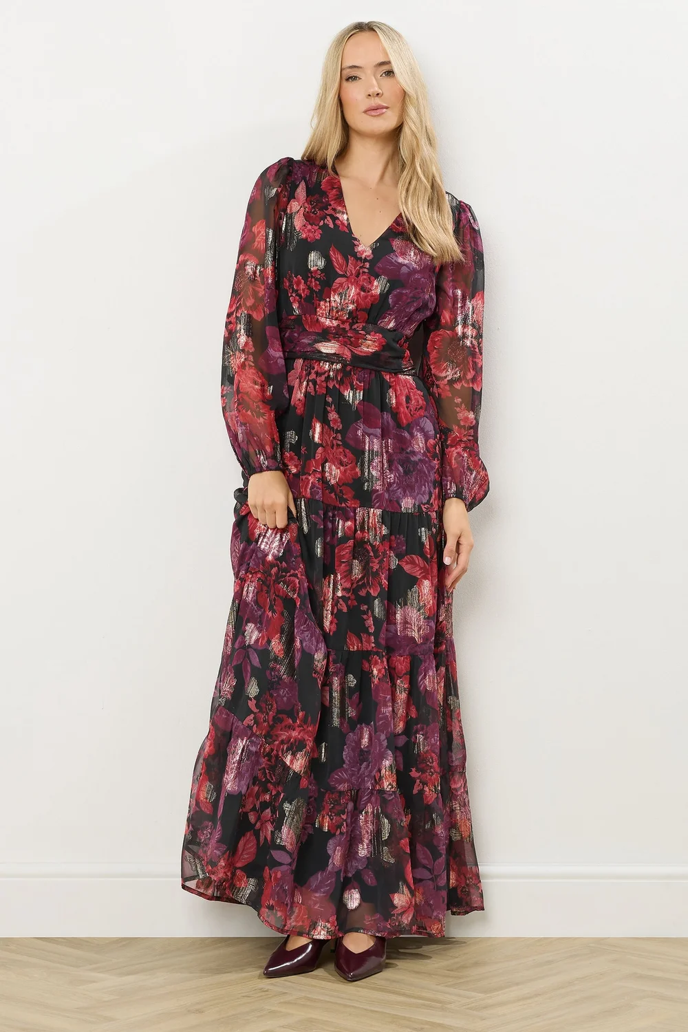 Long Tall Sally Black Rose Jacquard Metallic Maxi Dress - 12 Image 1