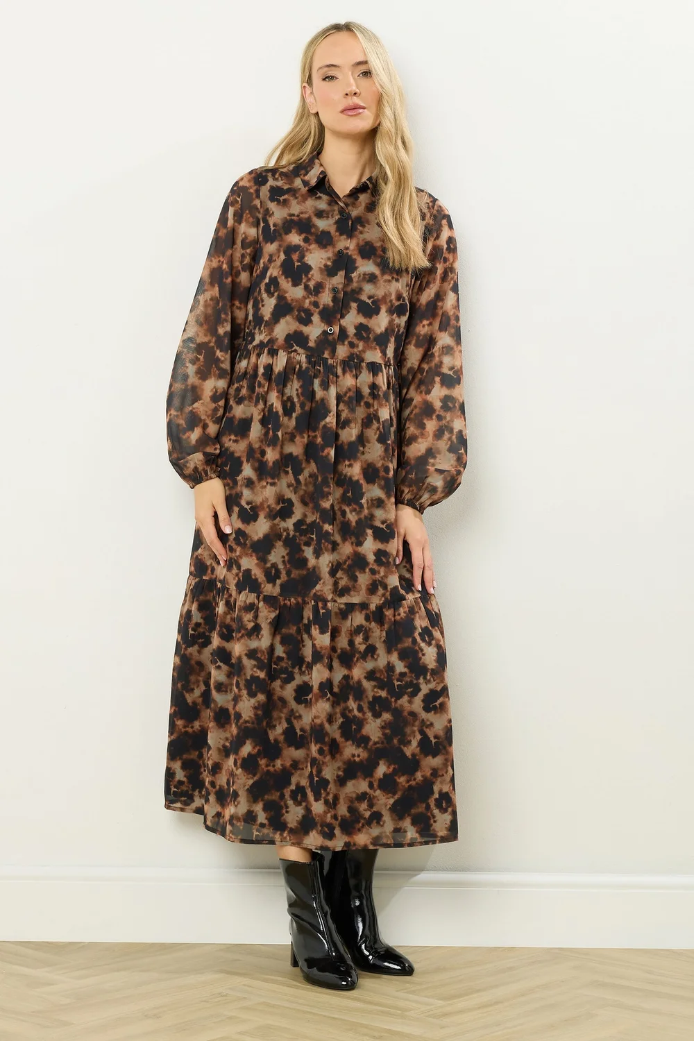 Long Tall Sally Brown Marble Sheer Tiered Dress - 18 Image 2