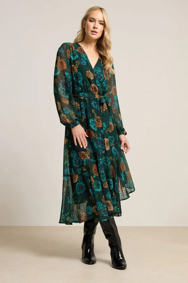 Long Tall Sally Dark Green Floral Chiffon Dobby Dress