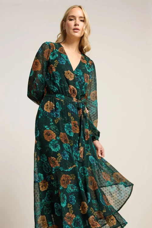 Long Tall Sally Dark Green Floral Chiffon Dobby Dress - 16 Image 2