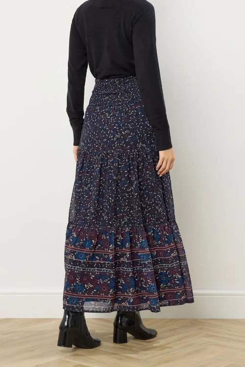Long Tall Sally Navy Blue Floral Border Tiered Maxi Skirt - Size 18 Image 3
