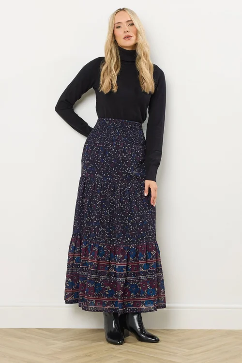 Long Tall Sally Navy Blue Floral Border Tiered Maxi Skirt - Size 18 Image 1
