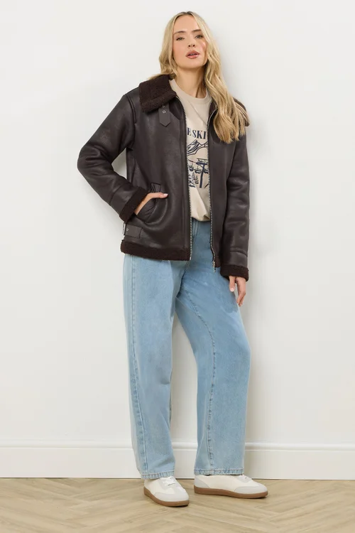 Long Tall Sally Chocolate Brown Aviator Jacket - 14 Image 4