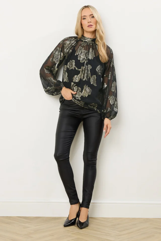 Long Tall Sally Black Floral Jacquard High Neck Blouse