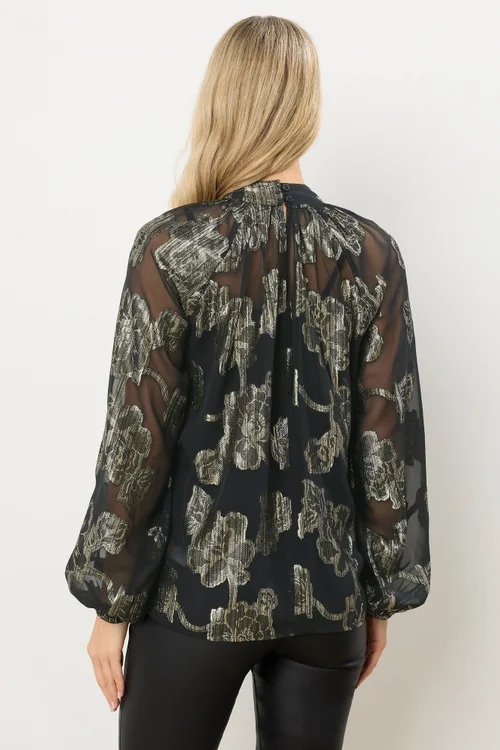 Long Tall Sally Black Floral Jacquard High Neck Blouse - Size 18 Image 3