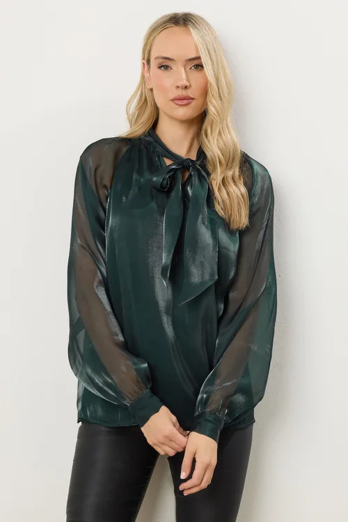 Long Tall Sally Dark Green Organza Tie Neck Blouse - Size 14 Image 2