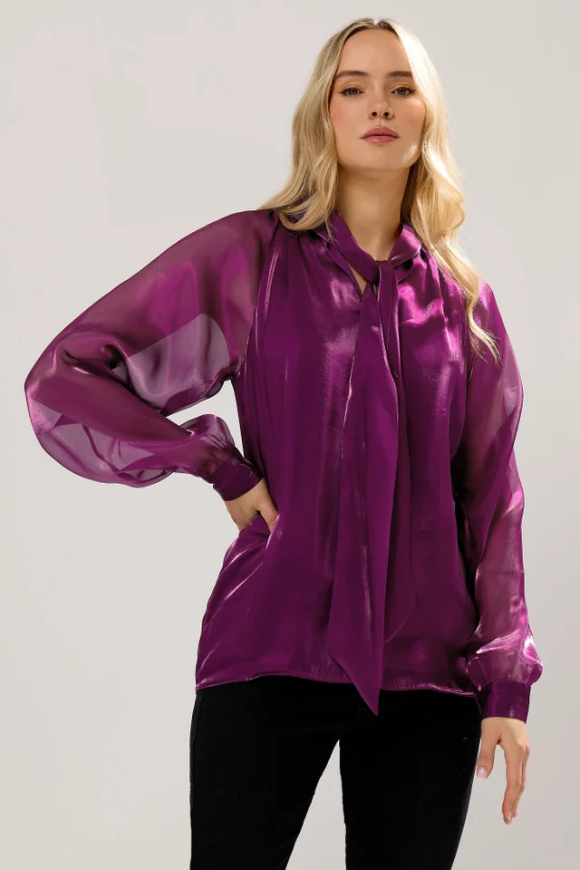 Long Tall Sally Purple Organza Tie Neck Blouse