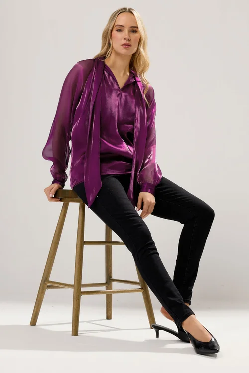 Long Tall Sally Purple Organza Tie Neck Blouse - Size 20 Image 2