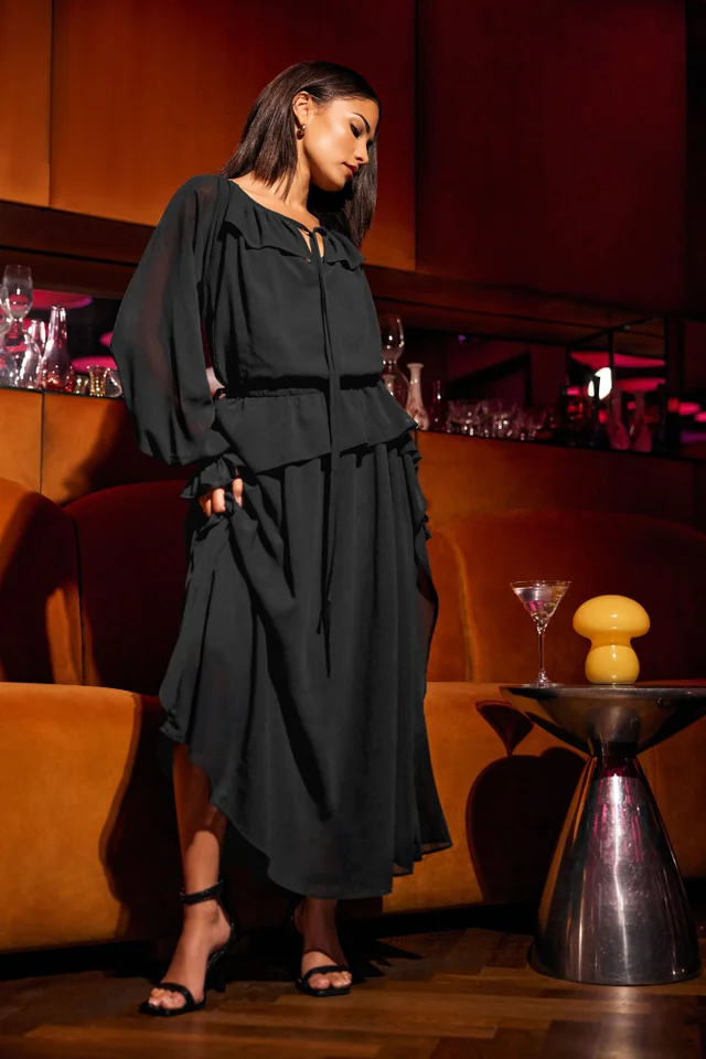 PixieGirl Petite Black Chiffon Frill Tie Waist Maxi Dress