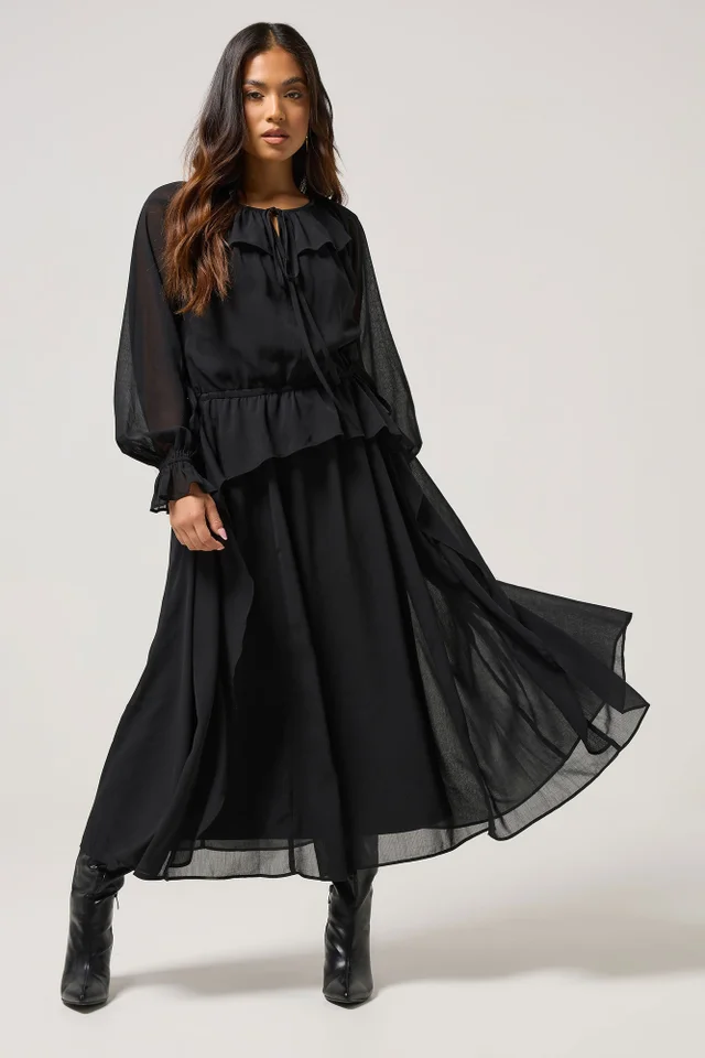 PixieGirl Petite Black Chiffon Frill Tie Waist Maxi Dress