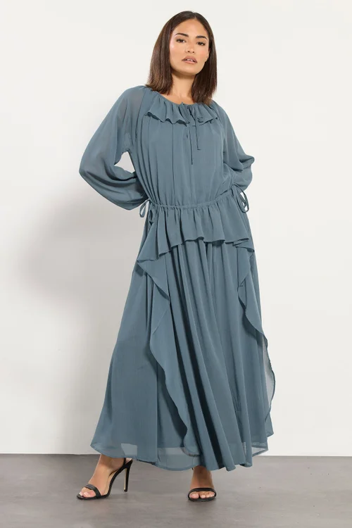 PixieGirl Petite Blue Chiffon Frill Tie Waist Maxi Dress - 10 Image 2