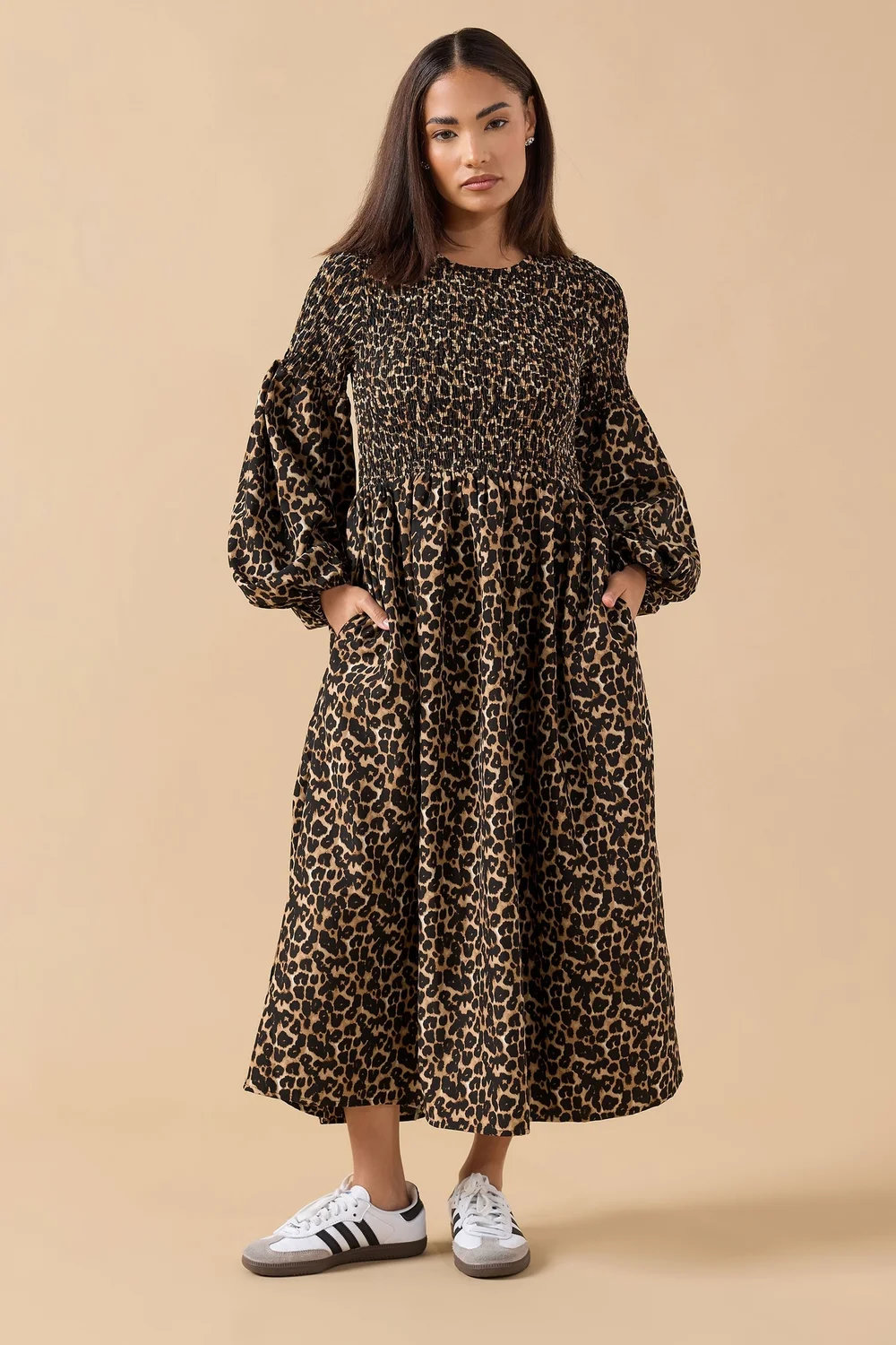 PixieGirl Petite Brown Animal Shirred Puff Sleeve Maxi Dress - 16 Image 1