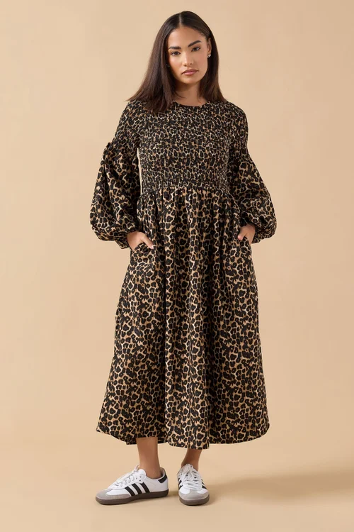 PixieGirl Petite Brown Animal Shirred Puff Sleeve Maxi Dress - 16 Image 1