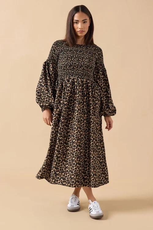 PixieGirl Petite Brown Animal Shirred Puff Sleeve Maxi Dress - 16 Image 2